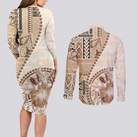 Samoa Siapo Elegant Couples Matching Long Sleeve Bodycon Dress and Long Sleeve Button Shirt Hibiscus Beige Motifs LT05 - Polynesian Pride