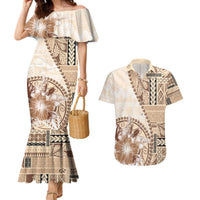 Samoa Siapo Elegant Couples Matching Mermaid Dress and Hawaiian Shirt Hibiscus Beige Motifs - Polynesian Pride