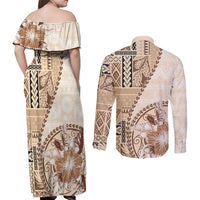 Samoa Siapo Elegant Couples Matching Off Shoulder Maxi Dress and Long Sleeve Button Shirt Hibiscus Beige Motifs LT05 - Polynesian Pride