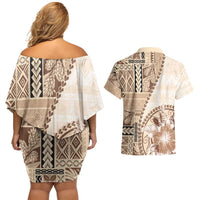 Samoa Siapo Elegant Couples Matching Off Shoulder Short Dress and Hawaiian Shirt Hibiscus Beige Motifs - Polynesian Pride