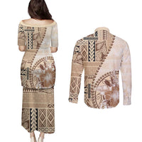 Samoa Siapo Elegant Couples Matching Puletasi and Long Sleeve Button Shirt Hibiscus Beige Motifs LT05 - Polynesian Pride