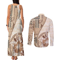 Samoa Siapo Elegant Couples Matching Tank Maxi Dress and Long Sleeve Button Shirt Hibiscus Beige Motifs LT05 - Polynesian Pride