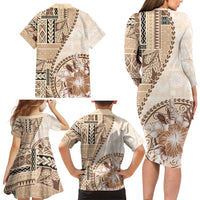 Samoa Siapo Elegant Family Matching Long Sleeve Bodycon Dress and Hawaiian Shirt Hibiscus Beige Motifs - Polynesian Pride