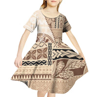 Samoa Siapo Elegant Kid Short Sleeve Dress Hibiscus Beige Motifs - Polynesian Pride
