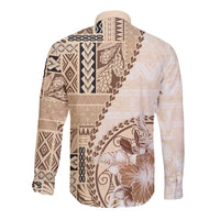 Samoa Siapo Elegant Long Sleeve Button Shirt Hibiscus Beige Motifs - Polynesian Pride