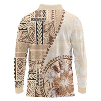 Samoa Siapo Elegant Long Sleeve Polo Shirt Hibiscus Beige Motifs - Polynesian Pride