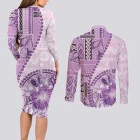 Samoa Siapo Elegant Couples Matching Long Sleeve Bodycon Dress and Long Sleeve Button Shirt Hibiscus Violet Motifs LT05 - Polynesian Pride