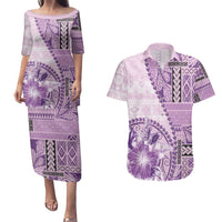 Samoa Siapo Elegant Couples Matching Puletasi and Hawaiian Shirt Hibiscus Violet Motifs - Polynesian Pride
