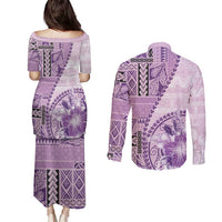 Samoa Siapo Elegant Couples Matching Puletasi and Long Sleeve Button Shirt Hibiscus Violet Motifs LT05 - Polynesian Pride