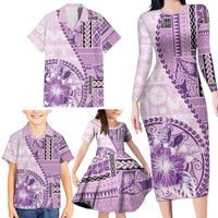Samoa Siapo Elegant Family Matching Long Sleeve Bodycon Dress and Hawaiian Shirt Hibiscus Violet Motifs - Polynesian Pride