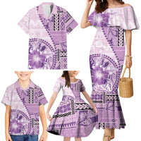 Samoa Siapo Elegant Family Matching Mermaid Dress and Hawaiian Shirt Hibiscus Violet Motifs - Polynesian Pride