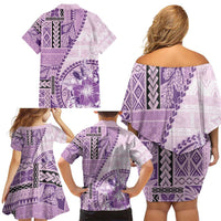 Samoa Siapo Elegant Family Matching Off Shoulder Short Dress and Hawaiian Shirt Hibiscus Violet Motifs - Polynesian Pride