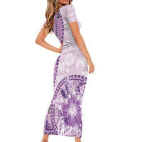 Samoa Siapo Elegant Family Matching Short Sleeve Bodycon Dress and Hawaiian Shirt Hibiscus Violet Motifs - Polynesian Pride