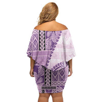 Samoa Siapo Elegant Off Shoulder Short Dress Hibiscus Violet Motifs - Polynesian Pride