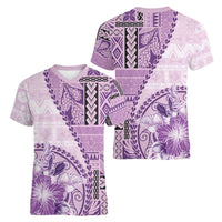 Samoa Siapo Elegant Women V-Neck T-Shirt Hibiscus Violet Motifs - Polynesian Pride
