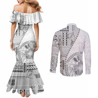 Samoa Siapo Elegant Couples Matching Mermaid Dress and Long Sleeve Button Shirt Hibiscus White Motifs LT05 - Polynesian Pride