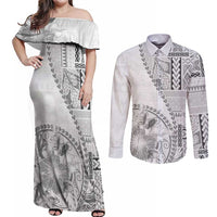 Samoa Siapo Elegant Couples Matching Off Shoulder Maxi Dress and Long Sleeve Button Shirt Hibiscus White Motifs LT05 White - Polynesian Pride