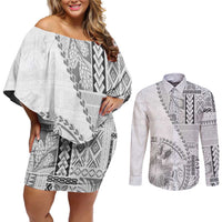 Samoa Siapo Elegant Couples Matching Off Shoulder Short Dress and Long Sleeve Button Shirt Hibiscus White Motifs LT05 White - Polynesian Pride