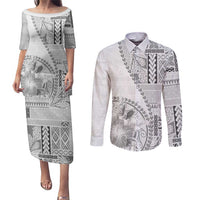Samoa Siapo Elegant Couples Matching Puletasi and Long Sleeve Button Shirt Hibiscus White Motifs LT05 White - Polynesian Pride