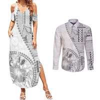 Samoa Siapo Elegant Couples Matching Summer Maxi Dress and Long Sleeve Button Shirt Hibiscus White Motifs LT05 White - Polynesian Pride