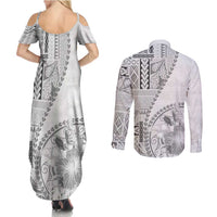 Samoa Siapo Elegant Couples Matching Summer Maxi Dress and Long Sleeve Button Shirt Hibiscus White Motifs LT05 - Polynesian Pride