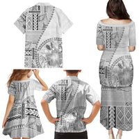 Samoa Siapo Elegant Family Matching Puletasi and Hawaiian Shirt Hibiscus White Motifs - Polynesian Pride