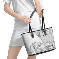 Samoa Siapo Elegant Leather Tote Bag Hibiscus White Motifs - Polynesian Pride