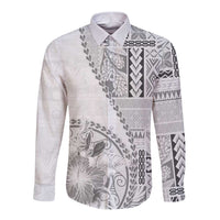 Samoa Siapo Elegant Long Sleeve Button Shirt Hibiscus White Motifs LT05 Unisex White - Polynesian Pride
