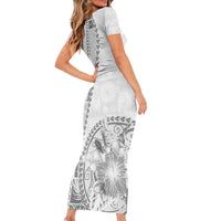 Samoa Siapo Elegant Short Sleeve Bodycon Dress Hibiscus White Motifs - Polynesian Pride