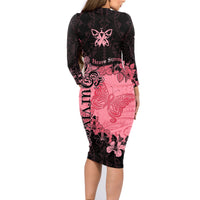 Breast Cancer Family Matching Long Sleeve Bodycon Dress and Hawaiian Shirt Survivor Polynesian Ribbon Butterfly LT05 - Polynesian Pride
