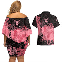Personalized Breast Cancer Couples Matching Off Shoulder Short Dress and Hawaiian Shirt Survivor Polynesian Ribbon Butterfly LT05 - Polynesian Pride