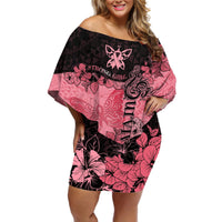 Personalized Breast Cancer Off Shoulder Short Dress Survivor Polynesian Ribbon Butterfly LT05 Women Pink - Polynesian Pride