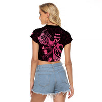 Breast Cancer Awareness Raglan Cropped T Shirt Ribbon Polynesian Pattern Black Version LT05 - Polynesian Pride