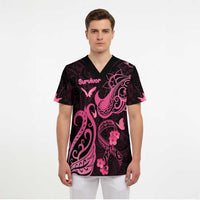 Breast Cancer Awareness Scrub Top Ribbon Polynesian Pattern Black Version - Polynesian Pride