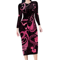 Personalized Breast Cancer Awareness Family Matching Long Sleeve Bodycon Dress and Hawaiian Shirt Ribbon Polynesian Pattern Black Version LT05 Mom's Dress Black - Polynesian Pride