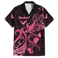 Personalized Breast Cancer Awareness Family Matching Off Shoulder Long Sleeve Dress and Hawaiian Shirt Ribbon Polynesian Pattern Black Version LT05 Dad's Shirt - Short Sleeve Black - Polynesian Pride