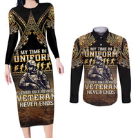 Polynesia Veterans Day Couples Matching Long Sleeve Bodycon Dress and Long Sleeve Button Shirt Thank You Veterans Polynesian Pattern LT05 Gold - Polynesian Pride
