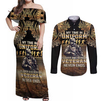 Polynesia Veterans Day Couples Matching Off Shoulder Maxi Dress and Long Sleeve Button Shirt Thank You Veterans Polynesian Pattern LT05 Gold - Polynesian Pride