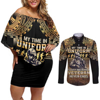 Polynesia Veterans Day Couples Matching Off Shoulder Short Dress and Long Sleeve Button Shirt Thank You Veterans Polynesian Pattern LT05 Gold - Polynesian Pride