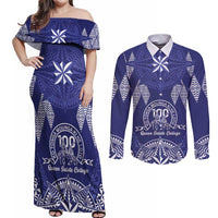Personalised Queen Salote College Centenary Couples Matching Off Shoulder Maxi Dress and Long Sleeve Button Shirt Tongan Kupesi Pattern - Polynesian Pride