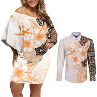 Fiji Couples Matching Off Shoulder Short Dress and Long Sleeve Button Shirt Masi Tapa Pattern Brown LT05 Brown - Polynesian Pride