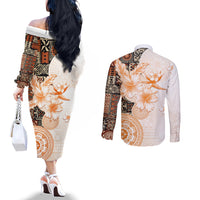 Fiji Couples Matching Off The Shoulder Long Sleeve Dress and Long Sleeve Button Shirt Masi Tapa Pattern Brown LT05 - Polynesian Pride