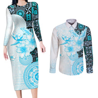 Fiji Couples Matching Long Sleeve Bodycon Dress and Long Sleeve Button Shirt Masi Tapa Pattern Blue LT05 Blue - Polynesian Pride