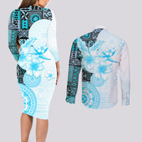 Fiji Couples Matching Long Sleeve Bodycon Dress and Long Sleeve Button Shirt Masi Tapa Pattern Blue LT05 - Polynesian Pride