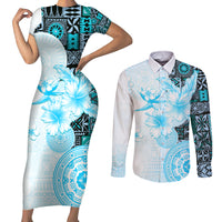 Fiji Couples Matching Short Sleeve Bodycon Dress and Long Sleeve Button Shirt Masi Tapa Pattern Blue LT05 Blue - Polynesian Pride