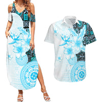 Fiji Couples Matching Summer Maxi Dress and Hawaiian Shirt Masi Tapa Pattern Blue LT05 Blue - Polynesian Pride
