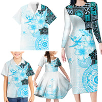 Fiji Family Matching Long Sleeve Bodycon Dress and Hawaiian Shirt Masi Tapa Pattern Blue LT05 - Polynesian Pride