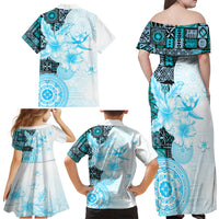 Fiji Family Matching Off Shoulder Maxi Dress and Hawaiian Shirt Masi Tapa Pattern Blue LT05 - Polynesian Pride
