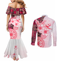 Fiji Couples Matching Mermaid Dress and Long Sleeve Button Shirt Masi Tapa Pattern Red LT05 - Polynesian Pride