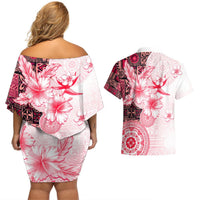 Fiji Couples Matching Off Shoulder Short Dress and Hawaiian Shirt Masi Tapa Pattern Red LT05 - Polynesian Pride